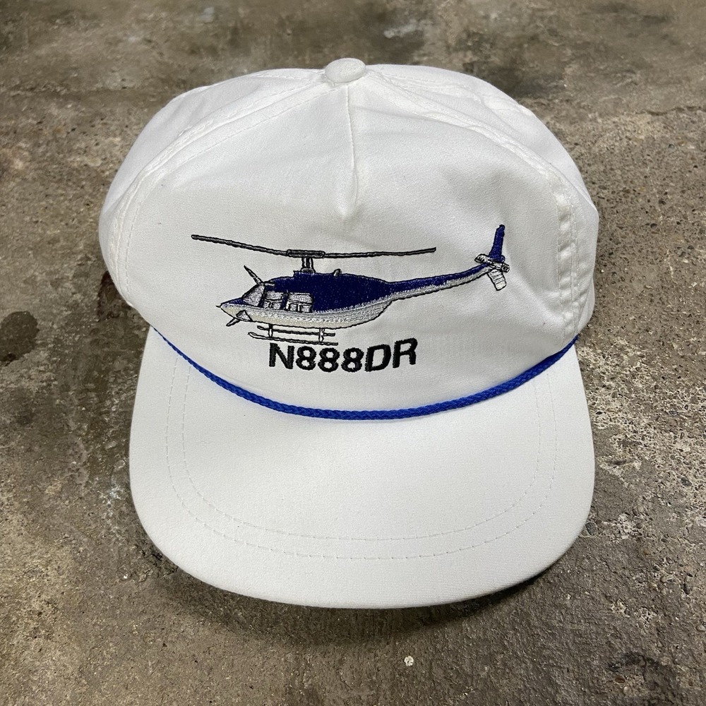 Vintage 80s Helicopter Rope Hat Strap Back Adjustable White Embroidered N888DR